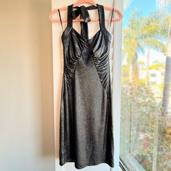 Betsey Johnson Dresses & Skirts - Vintage Betsey Johnson Halter Cocktail Dress in Metallic Black Silver size 4 Y2K